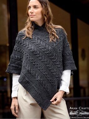 Aran Crafts Charcoal Cable-Knit Women's Poncho